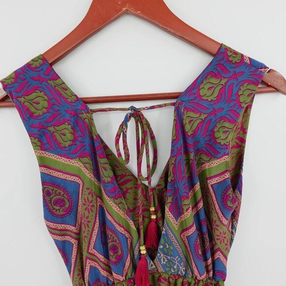 Lovin India Boho Dress XS Purple Paisley Tiered Plunged Hi-Low Midi Festival - Picture 6 of 15